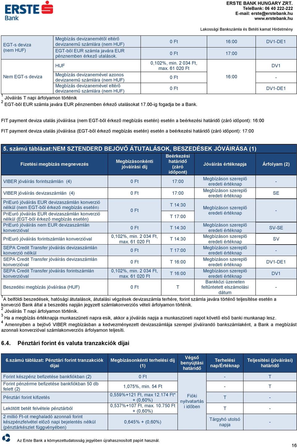 61 020 Ft DV1 Nem EGTs deviza Megbízás devizanemével azonos devizanemű számlára (nem HUF) 0 Ft 16:00 Megbízás devizanemével eltérő devizanemű számlára (nem HUF) 0 Ft DV1DE1 1 Jóváírás T napi