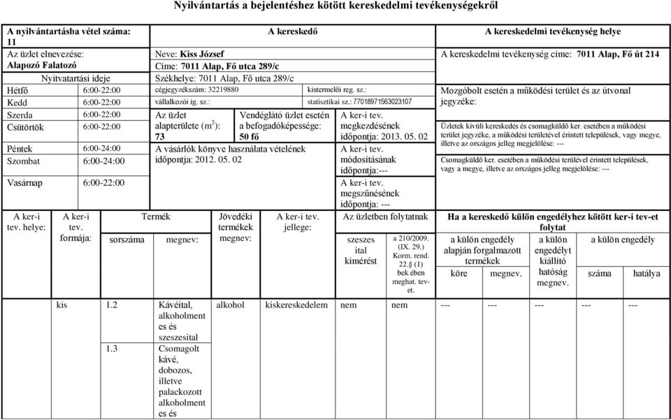 : Mozgóbolt esetén a működési terület és az útvonal Kedd 6:00-22:00 vállalkozói ig. sz.: statisztikai sz.