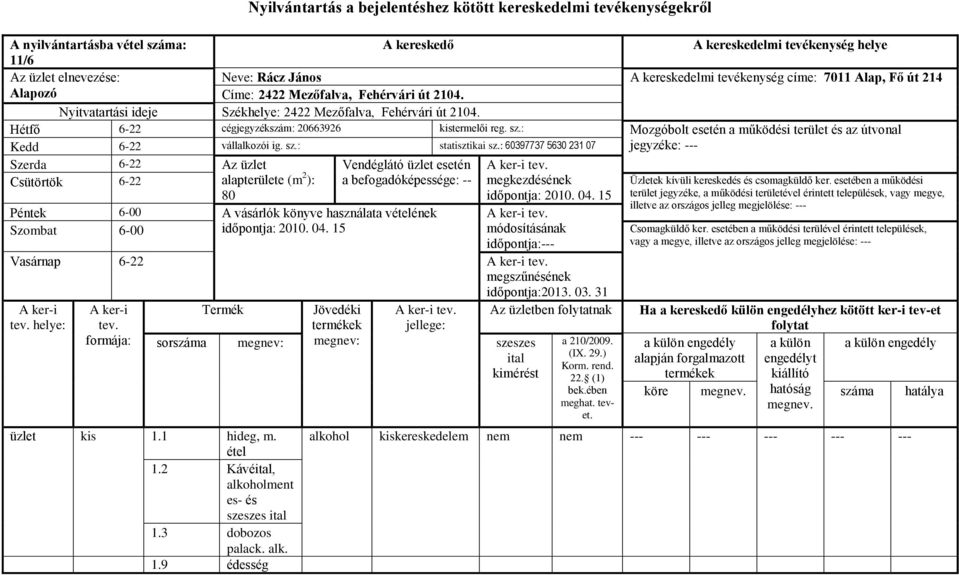 : Mozgóbolt esetén a működési terület és az útvonal Kedd 6-22 vállalkozói ig. sz.: statisztikai sz.