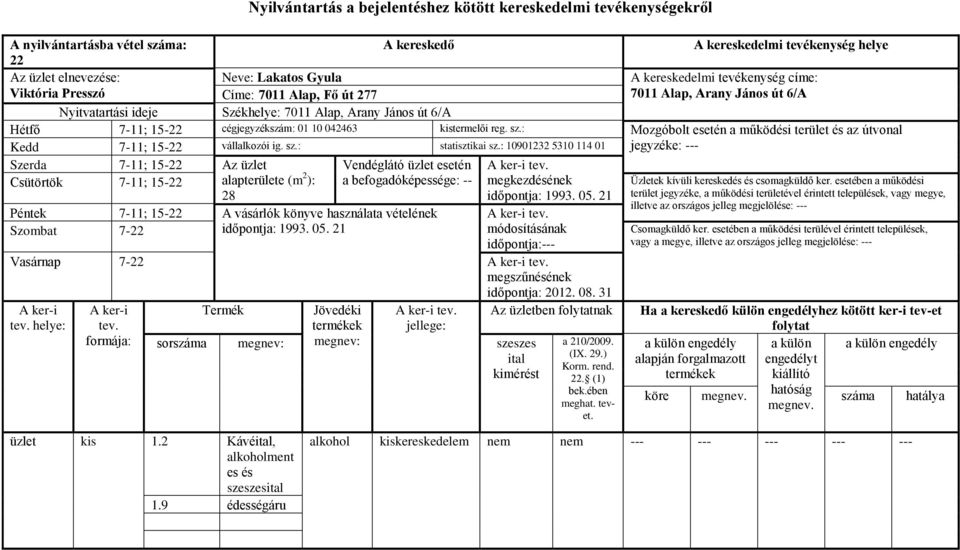 : Mozgóbolt esetén a működési terület és az útvonal Kedd 7-11; 15-22 vállalkozói ig. sz.: statisztikai sz.