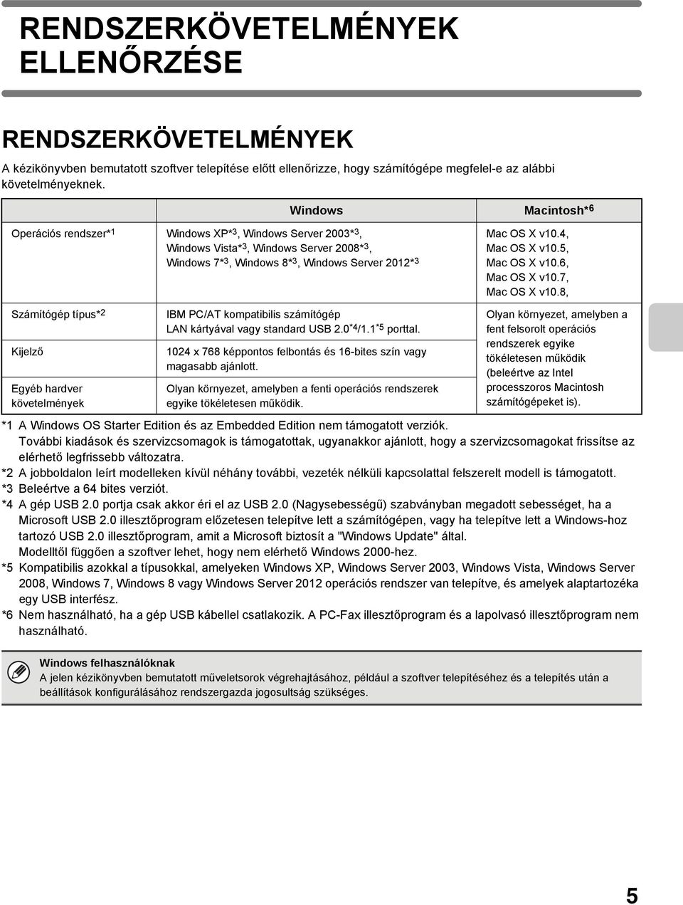 4, Mac OS X v10.5, Mac OS X v10.6, Mac OS X v10.7, Mac OS X v10.8, Számítógép típus* 2 Kijelző Egyéb hardver követelmények IBM PC/AT kompatibilis számítógép LAN kártyával vagy standard USB 2.0 *4 /1.