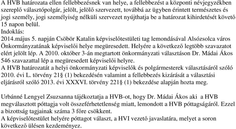 napján Csöbör Katalin képviselőtestületi tag lemondásával Alsózsolca város Önkormányzatának képviselői helye megüresedett. Helyére a következő legtöbb szavazatot elért jelölt lép. A 2010.