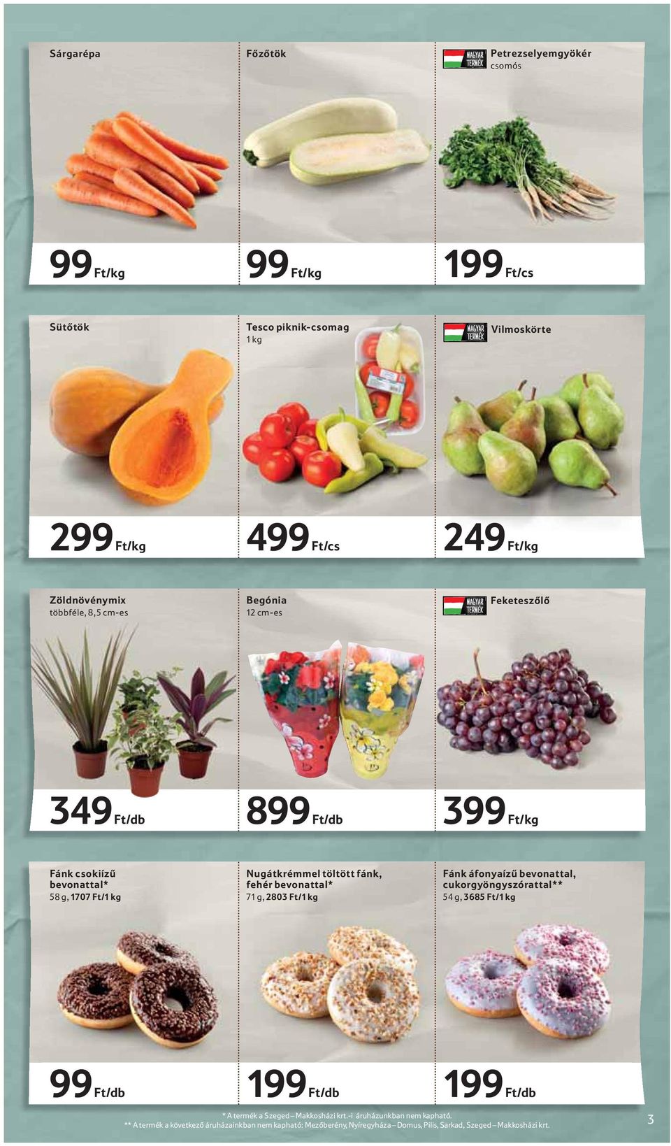 töltött fánk, fehér bevonattal* 71 g, 2803 Ft/1 kg Fánk áfonyaízű bevonattal, cukorgyöngyszórattal** 54 g, 3685 Ft/1 kg 99 Ft/db 199 Ft/db 199 Ft/db * A