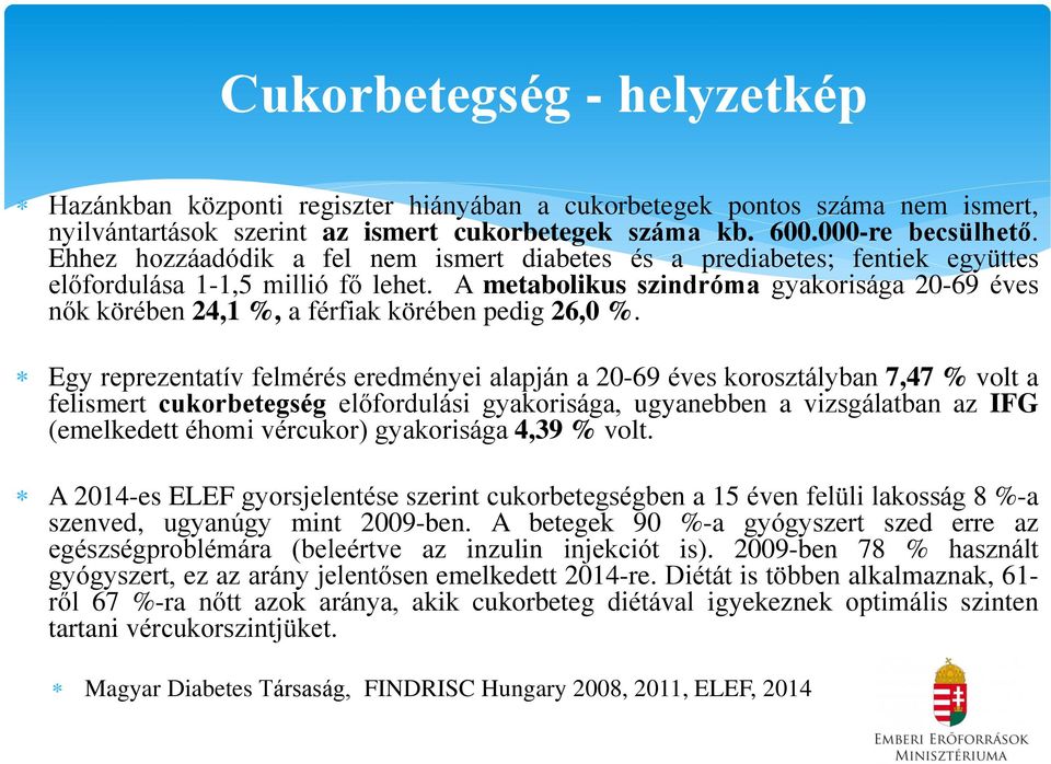 A metabolikus szindróma gyakorisága 20-69 éves nők körében 24,1 %, a férfiak körében pedig 26,0 %.