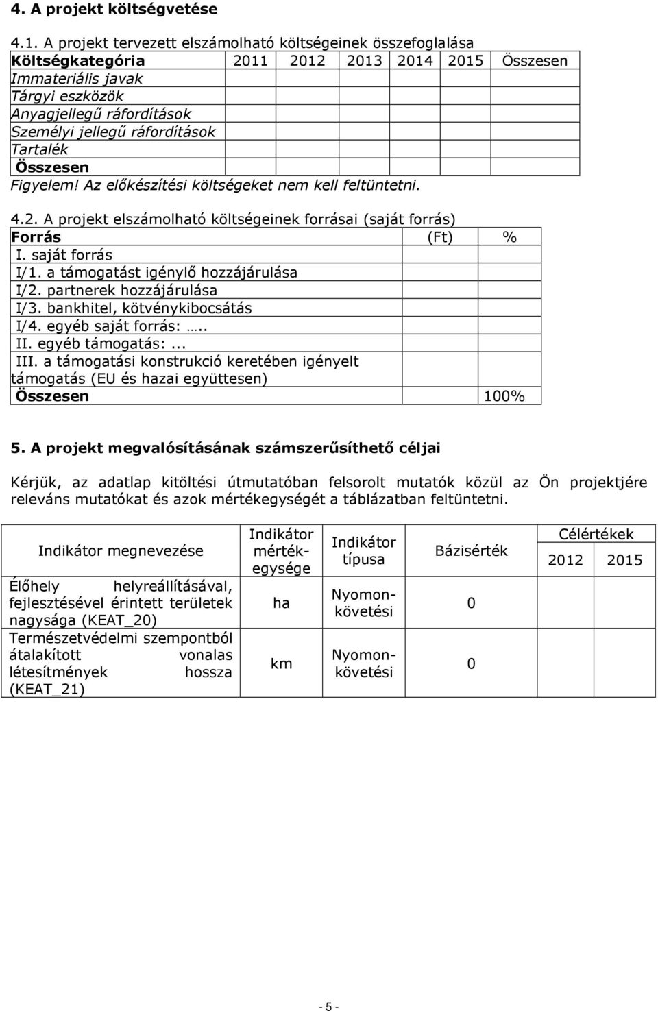 ráfordítások Tartalék Összesen Figyelem! Az elıkészítési költségeket nem kell feltüntetni. 4.2. A projekt elszámolható költségeinek forrásai (saját forrás) Forrás (Ft) % I. saját forrás I/1.