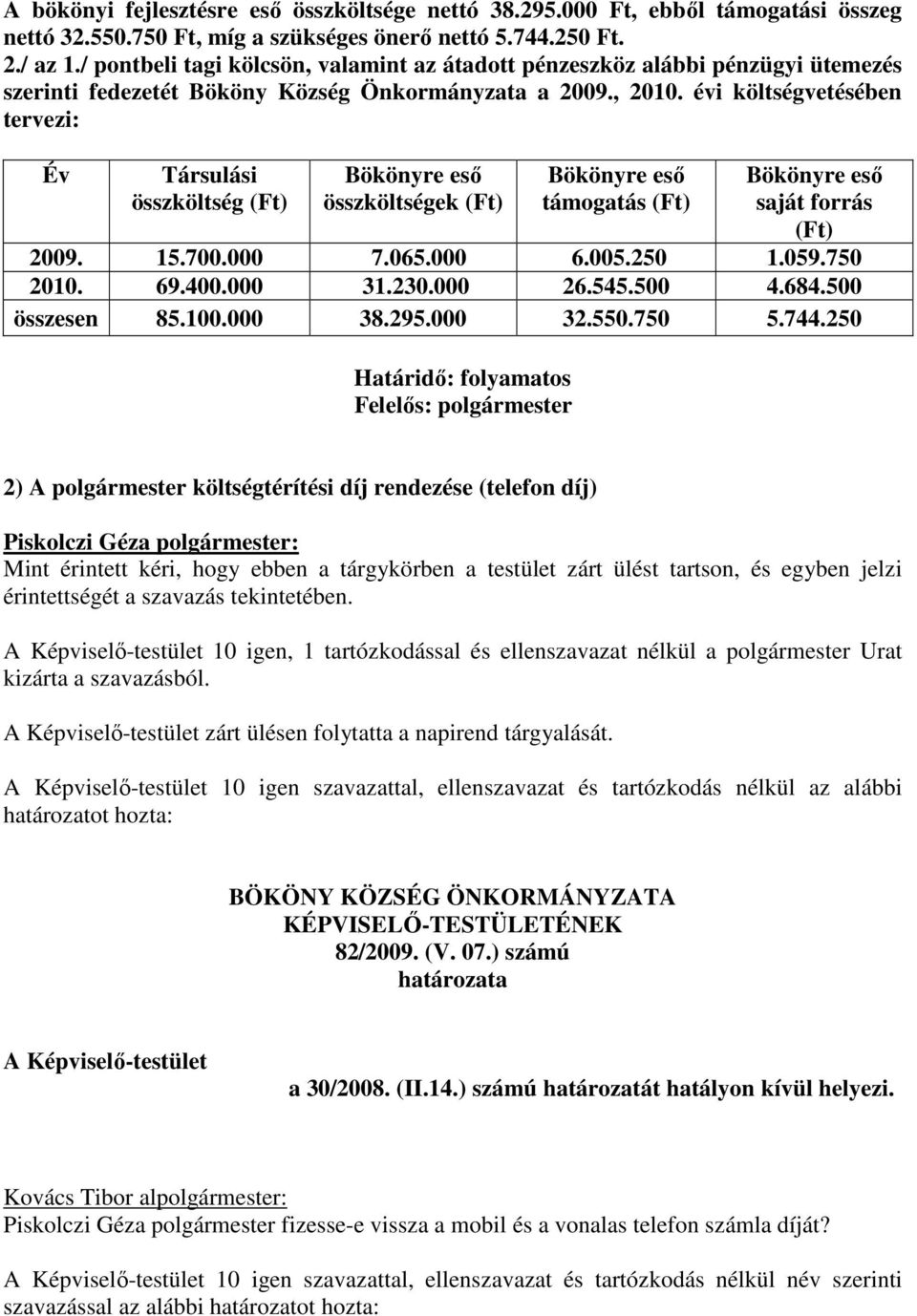 évi költségvetésében tervezi: Év Társulási összköltség (Ft) Bökönyre eső összköltségek (Ft) Bökönyre eső támogatás (Ft) Bökönyre eső saját forrás (Ft) 2009. 15.700.000 7.065.000 6.005.250 1.059.