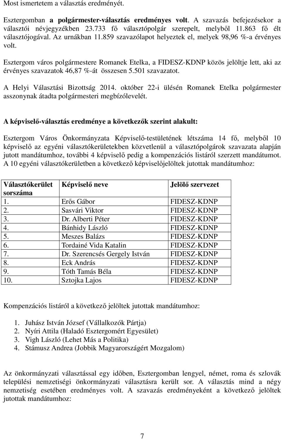 Esztergom város polgármestere Romanek Etelka, a FIDESZ-KDNP közös jelöltje lett, aki az érvényes szavazatok 46,87 %-át összesen 5.501 szavazatot. A Helyi Választási Bizottság 2014.