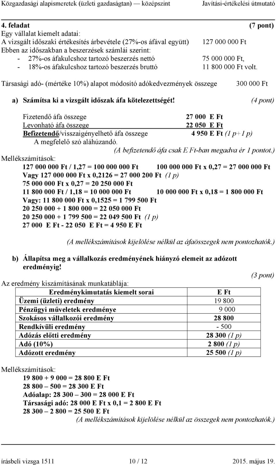 Társasági adó- (mértéke 10%) alapot módosító adókedvezmények összege 300 000 Ft a) Számítsa ki a vizsgált időszak áfa kötelezettségét!