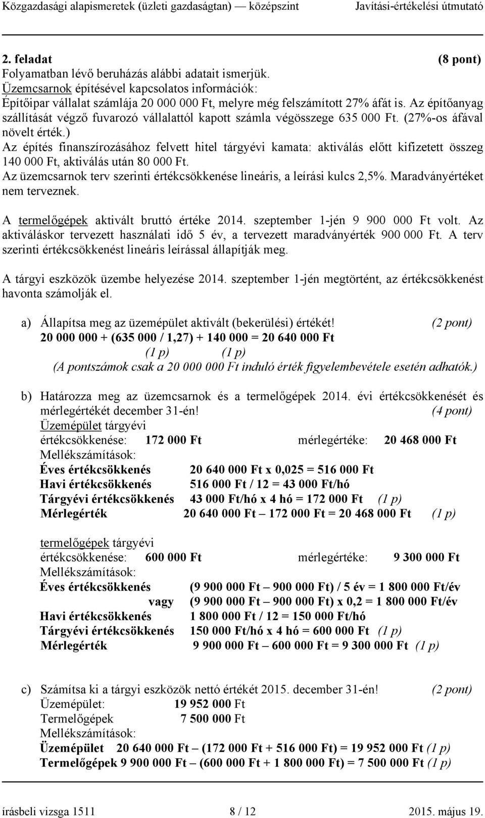 ) Az építés finanszírozásához felvett hitel tárgyévi kamata: aktiválás előtt kifizetett összeg 140 000 Ft, aktiválás után 80 000 Ft.