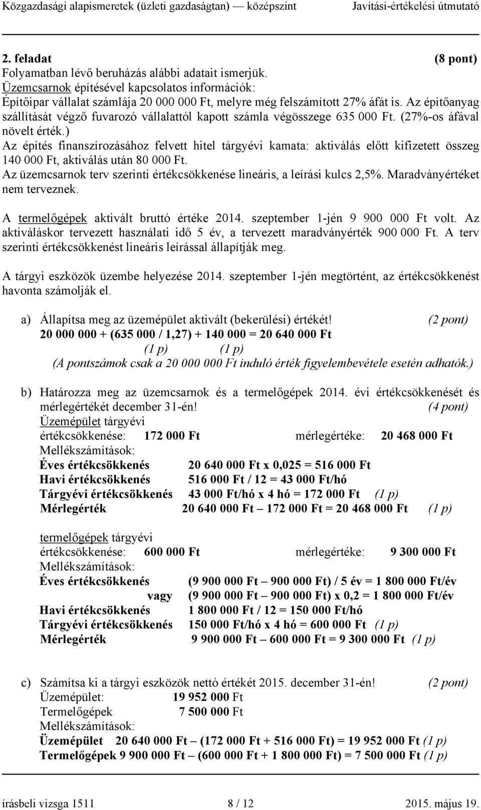 ) Az építés finanszírozásához felvett hitel tárgyévi kamata: aktiválás előtt kifizetett összeg 140 000 Ft, aktiválás után 80 000 Ft.