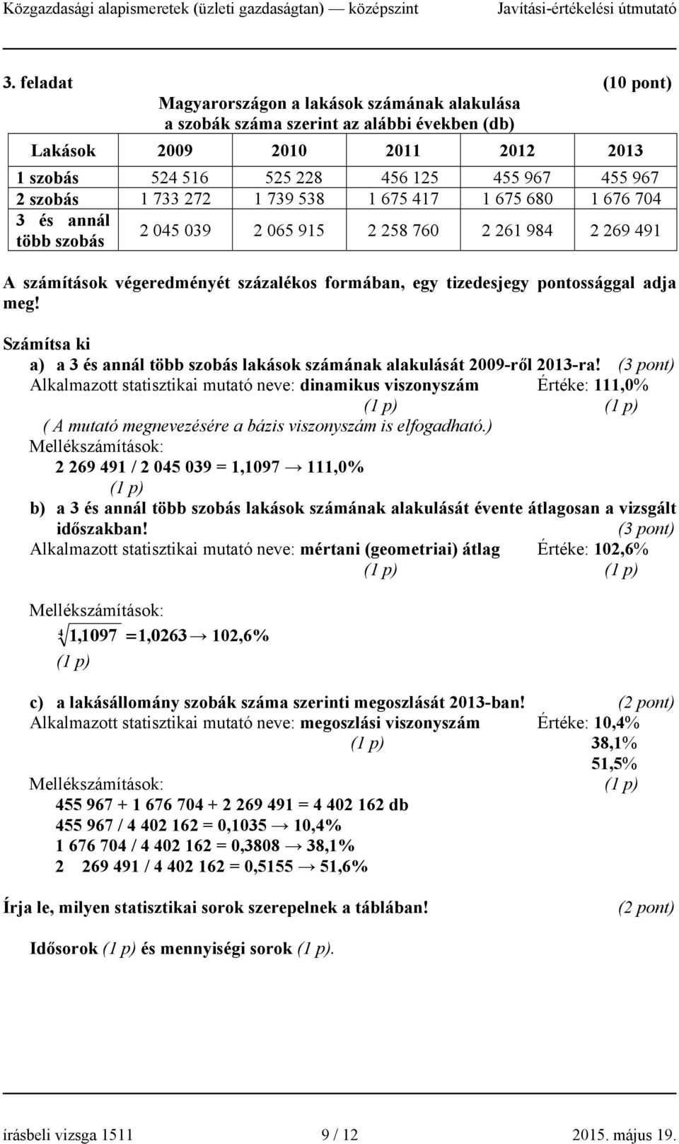 pontossággal adja meg! Számítsa ki a) a 3 és annál több szobás lakások számának alakulását 2009-ről 2013-ra!