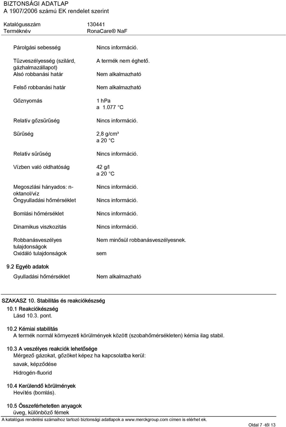 2 Egyéb adatok Gyulladási hőmérséklet A termék nem éghető. Nem alkalmazható Nem alkalmazható 1 hpa a 1.077 C 2,8 g/cm³ a 20 C 42 g/l a 20 C Nem minősül robbanásveszélyesnek.
