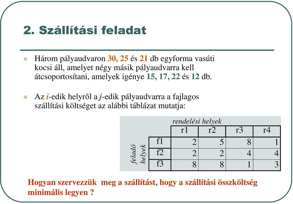 Az i-edik helyről a j-edik pályaudvarra a fajlagos szállítási költséget az alábbi táblázat mutatja: feladó