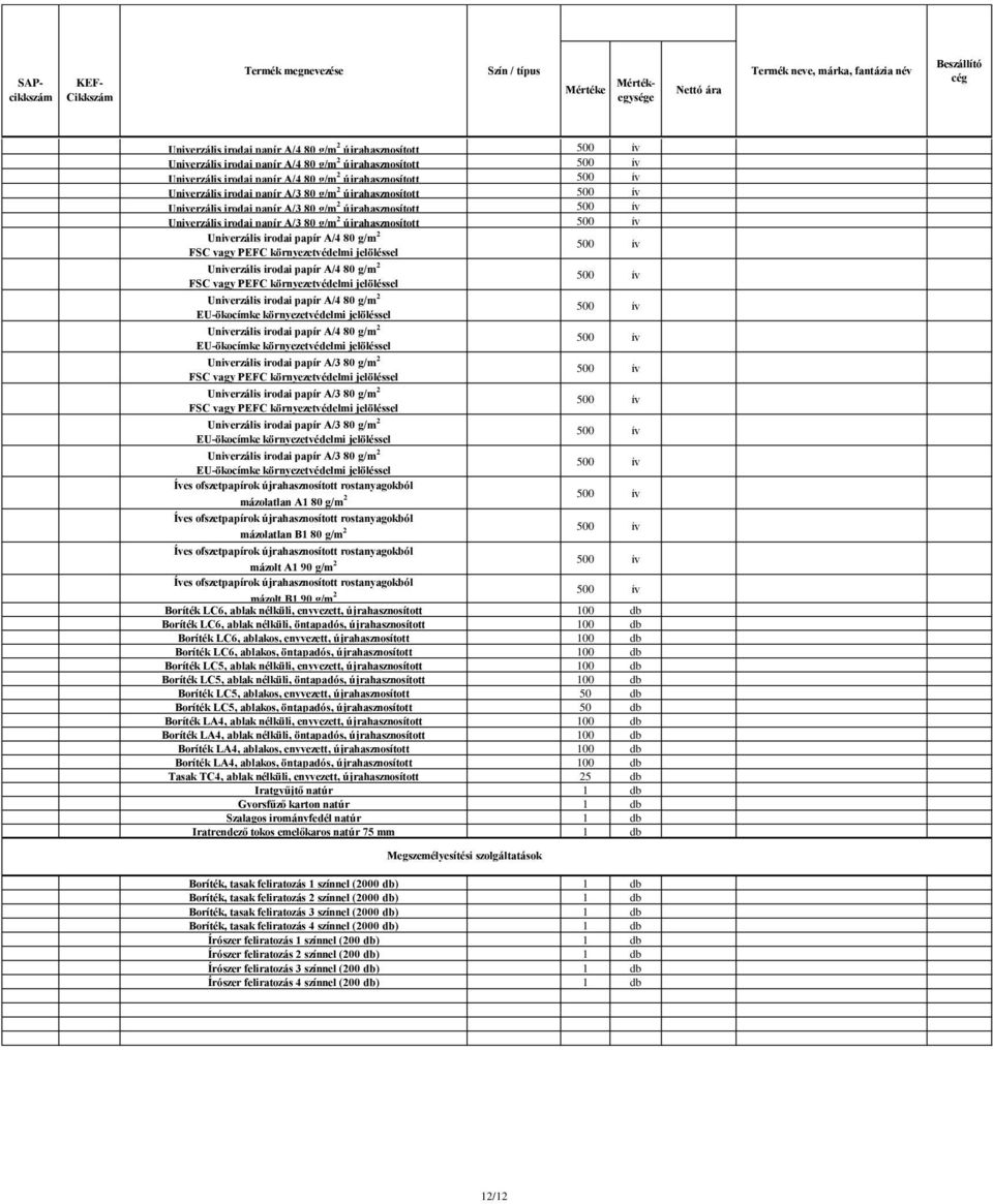 g/m 2 újrahasznosított Univerzális irodai papír A/4 80 g/m 2 FSC vagy PEFC környezetvédelmi jelöléssel Univerzális irodai papír A/4 80 g/m 2 FSC vagy PEFC környezetvédelmi jelöléssel Univerzális