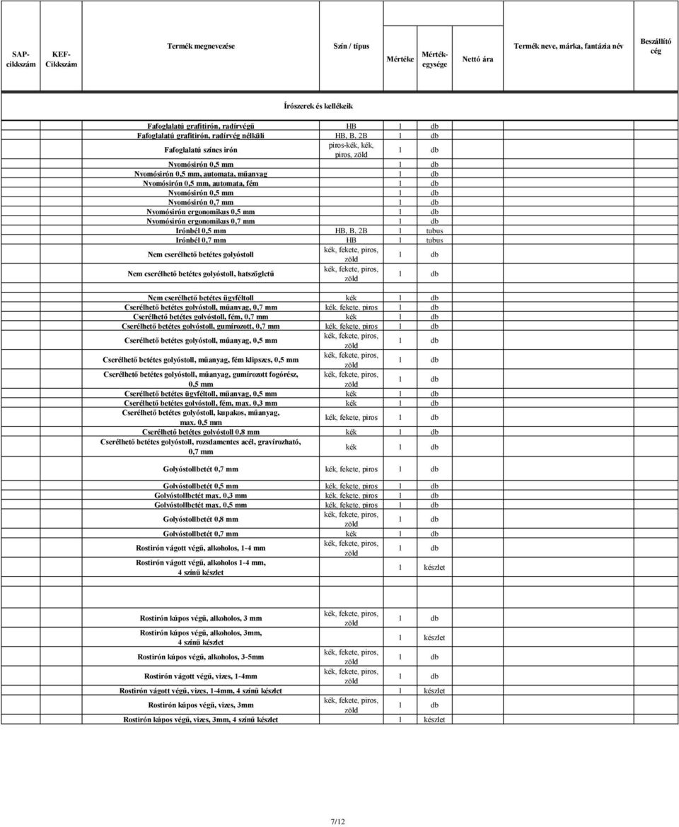 mm Nyomósirón ergonomikus 0,7 mm Irónbél 0,5 mm HB, B, 2B 1 tubus Irónbél 0,7 mm HB 1 tubus Nem cserélhető betétes golyóstoll Nem cserélhető betétes golyóstoll, hatszögletű Nem cserélhető betétes