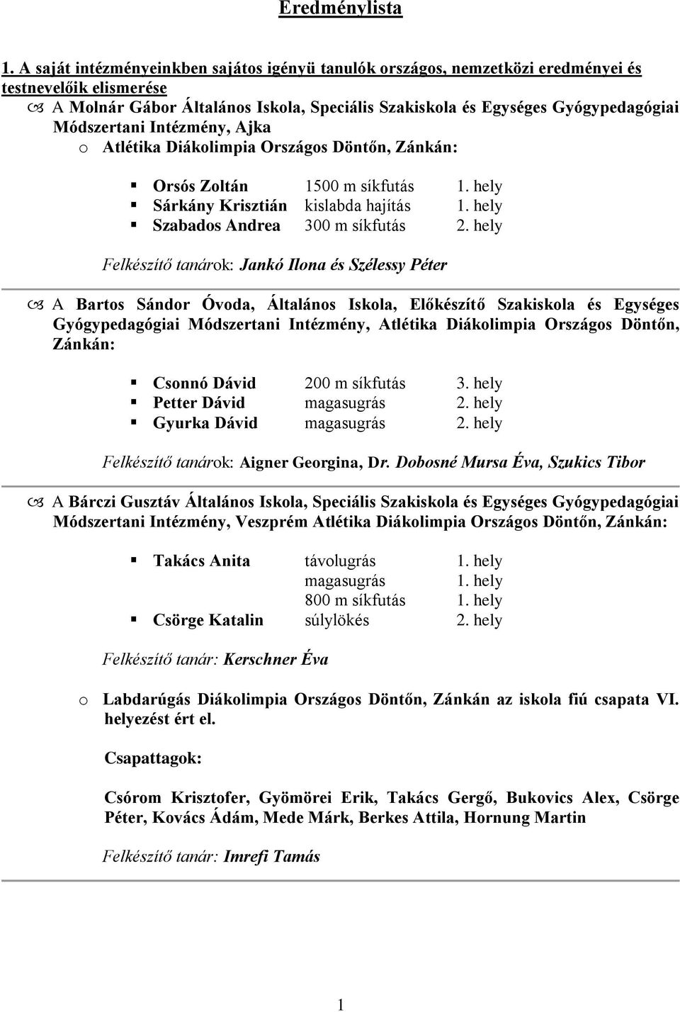 Módszertani Intézmény, Ajka o Atlétika Diákolimpia Országos Döntőn, Zánkán: Orsós Zoltán 1500 m síkfutás 1. hely Sárkány Krisztián kislabda hajítás 1. hely Szabados Andrea 300 m síkfutás 2.