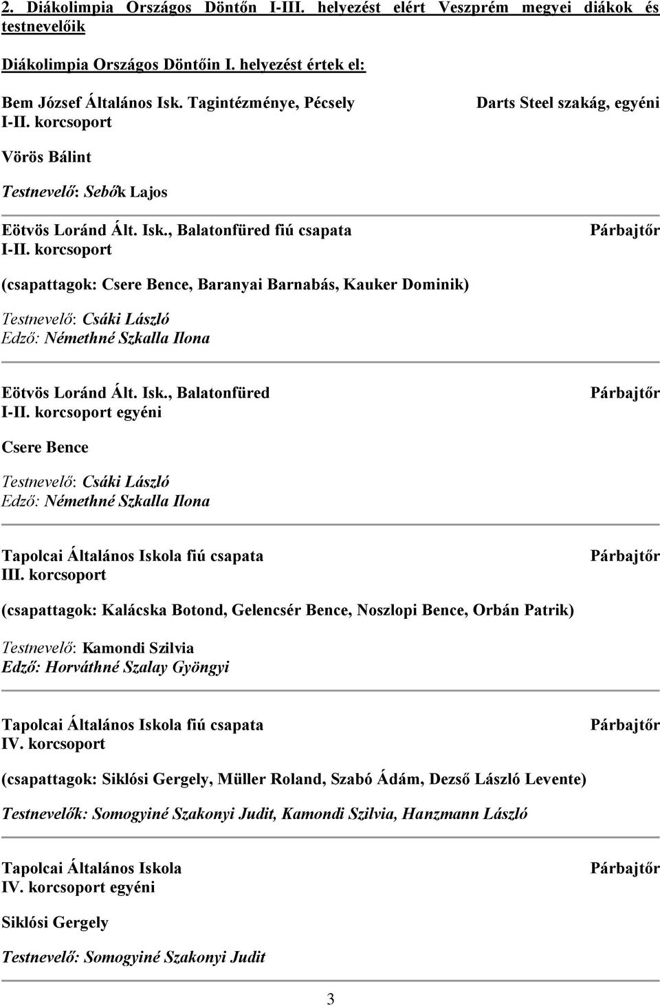 korcsoport Párbajtőr (csapattagok: Csere Bence, Baranyai Barnabás, Kauker Dominik) Testnevelő: Csáki László Edző: Némethné Szkalla Ilona Eötvös Loránd Ált. Isk., Balatonfüred I-II.