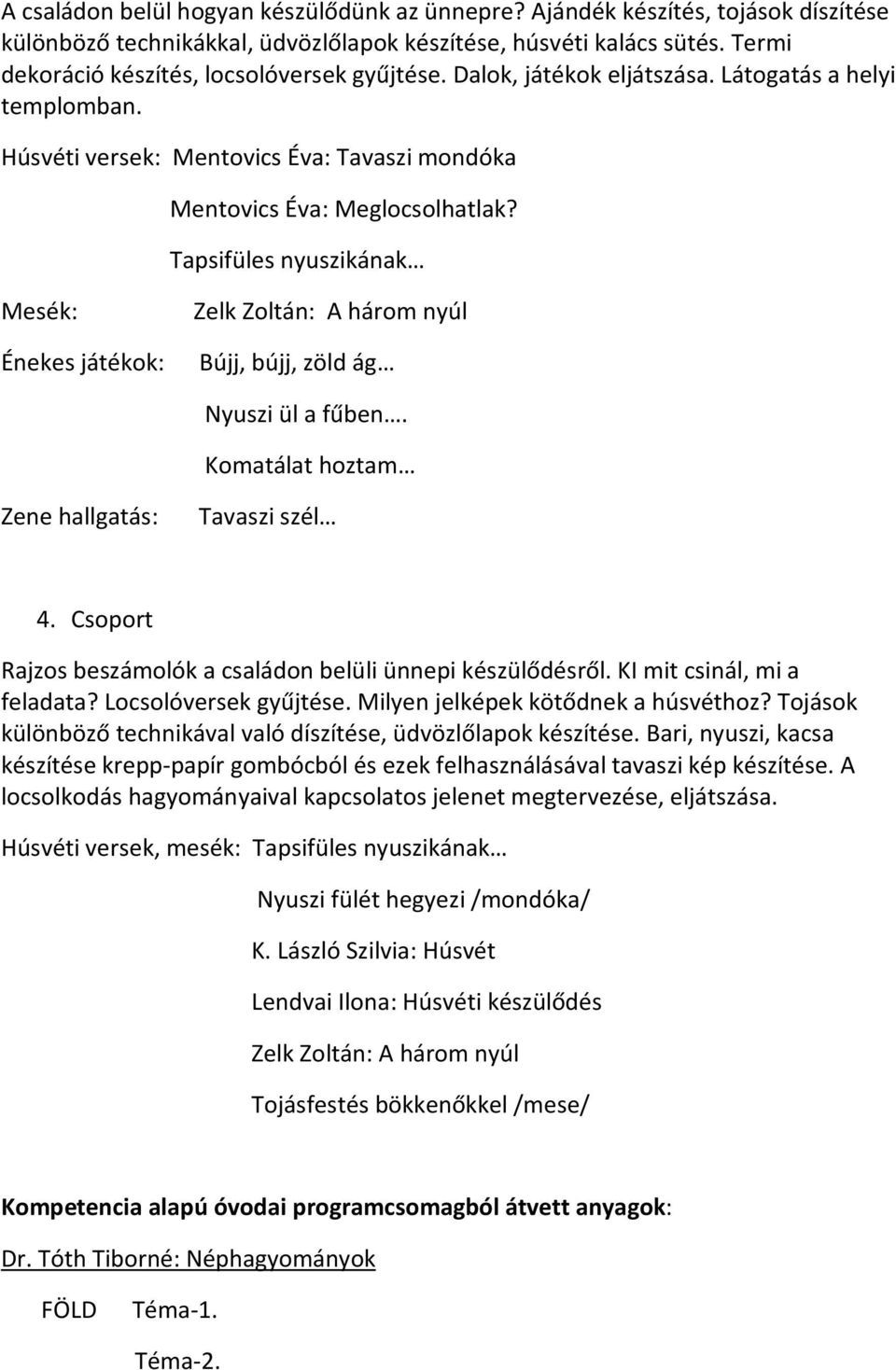 Tapsifüles nyuszikának Mesék: Zelk Zoltán: A három nyúl Énekes játékok: Bújj, bújj, zöld ág Nyuszi ül a fűben. Komatálat hoztam Zene hallgatás: Tavaszi szél 4.