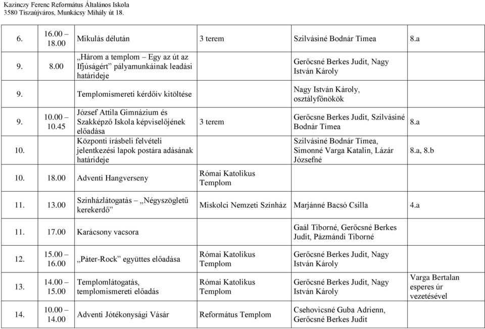 Adventi Hangverseny 3 terem Nagy, Gerőcsne Berkes Judit, Szilvásiné Bodnár Tímea Szilvásiné Bodnár Tímea, Simonné Varga Katalin, Lázár Józsefné 8.a 8.a, 8.b 11. 13.
