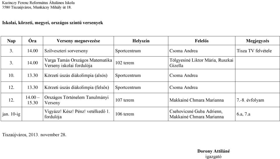 00 Varga Tamás Országos Matematika Verseny iskolai fordulója 102 terem Tölgyesiné Liktor Mária, Ruszkai Gizella 10. 13.