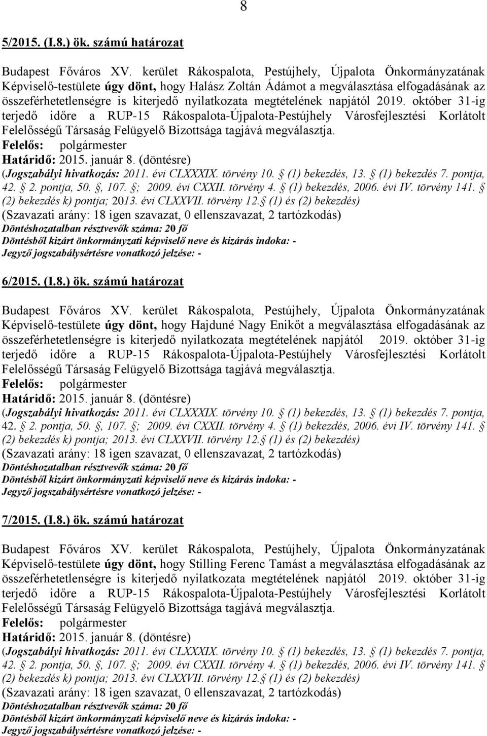 október 31-ig terjedő időre a RUP-15 Rákospalota-Újpalota-Pestújhely Városfejlesztési Korlátolt Felelősségű Társaság Felügyelő Bizottsága tagjává megválasztja. 42. 2. pontja, 50., 107. ; 2009.
