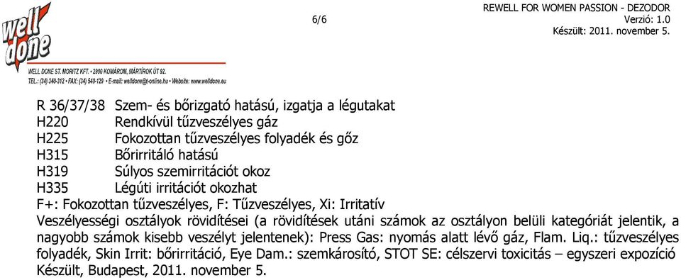 H319 Súlyos szemirritációt okoz H335 Légúti irritációt okozhat F+: Fokozottan tűzveszélyes, F: Tűzveszélyes, Xi: Irritatív Veszélyességi osztályok rövidítései (a