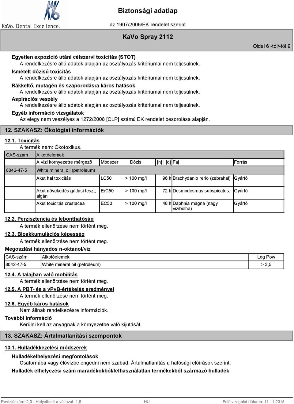 CAS-szám Alkotóelemek 8042-47-5 A vízi környezetre mérgező Módszer Dózis White mineral oil (petroleum) [h] [d] Faj Forrás Akut hal toxicitás LC50 > 100 mg/l 96 hbrachydanio rerio (zebrahal) Gyártó