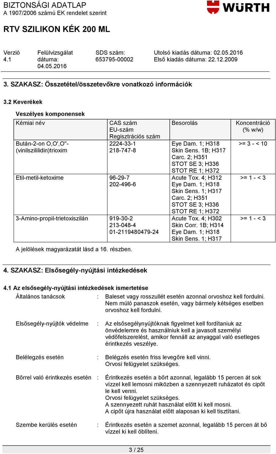 3-Amino-propil-trietoxiszilán 919-30-2 213-048-4 01-2119480479-24 A jelölések magyarázatát lásd a 16. részben. Besorolás Eye Dam. 1; H318 Skin Sens. 1B; H317 Carc.