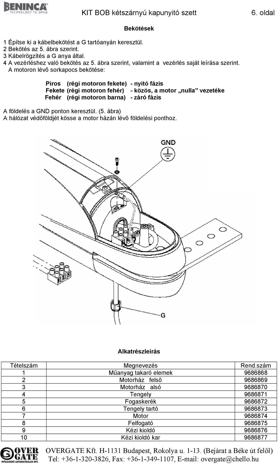 A motoron lévő sorkapocs bekötése: Piros (régi motoron fekete) - nyitó fázis Fekete (régi motoron fehér) - közös, a motor nulla vezetéke Fehér (régi motoron barna) - záró fázis A földelés a GND