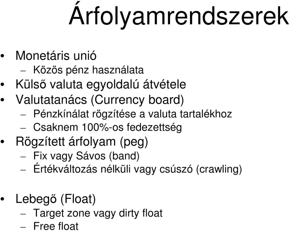 Csaknem 100%-os fedezettség Rögzített árfolyam (peg) Fix vagy Sávos (band)