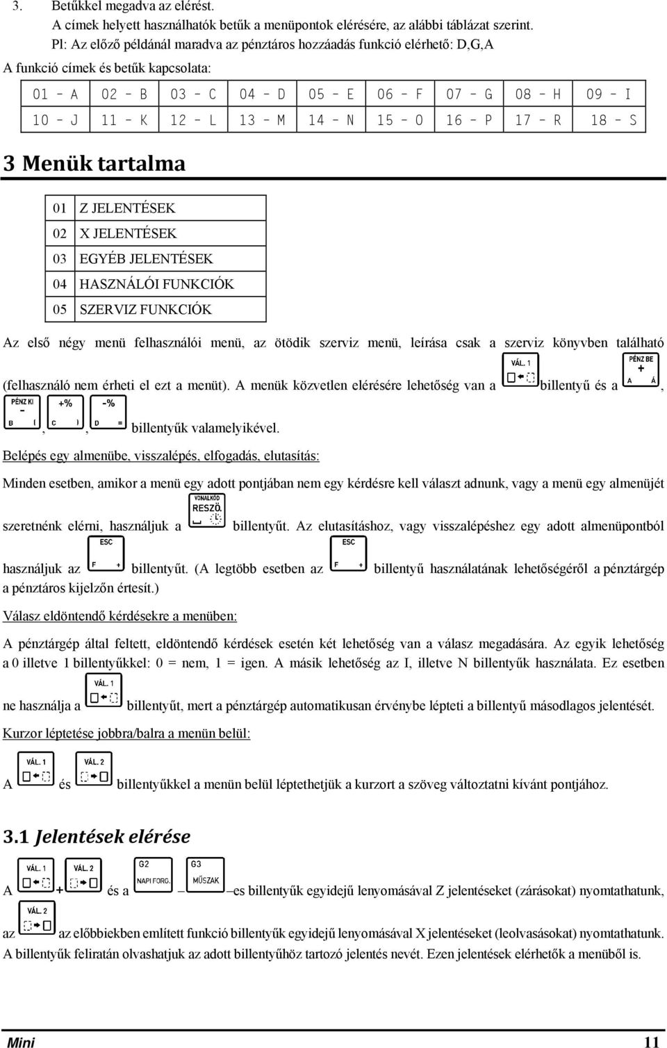 18 S 3 Menük tartalma 01 Z JELENTÉSEK 02 X JELENTÉSEK 03 EGYÉB JELENTÉSEK 04 HASZNÁLÓI FUNKCIÓK 05 SZERVIZ FUNKCIÓK Az első négy menü felhasználói menü, az ötödik szerviz menü, leírása csak a szerviz