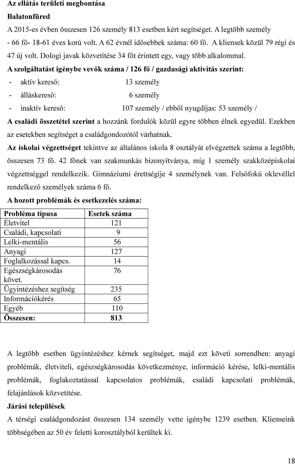 A szolgáltatást igénybe vevők száma / 126 fő / gazdasági aktivitás szerint: - aktív kereső: 13 személy - álláskereső: 6 személy - inaktív kereső: 107 személy / ebből nyugdíjas: 53 személy / A családi