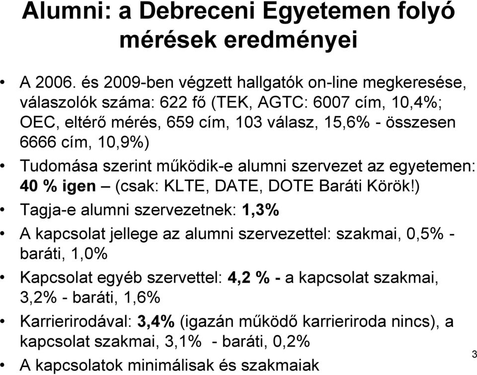 6666 cím, 10,9%) Tudomása szerint működik-e alumni szervezet az egyetemen: 40 % igen (csak: KLTE, DATE, DOTE Baráti Körök!