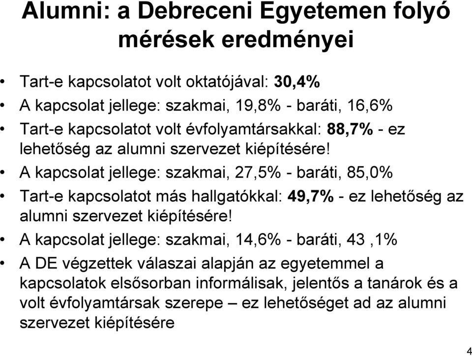 A kapcsolat jellege: szakmai, 27,5% - baráti, 85,0% Tart-e kapcsolatot más hallgatókkal: 49,7% - ez lehetőség az alumni szervezet kiépítésére!