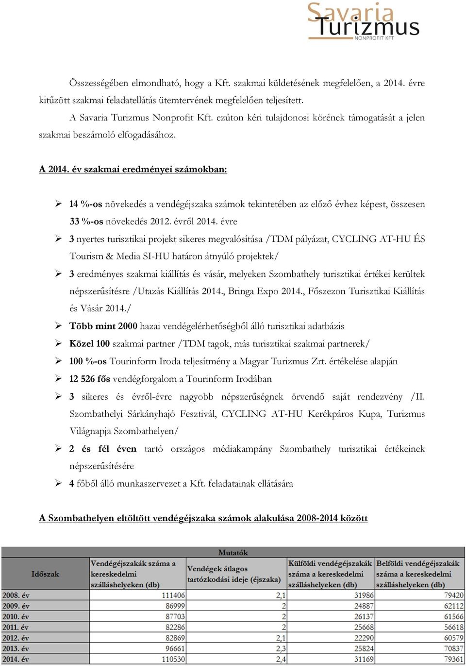 év szakmai eredményei számokban: 14 %-os növekedés a vendégéjszaka számok tekintetében az előző évhez képest, összesen 33 %-os növekedés 2012. évről 2014.