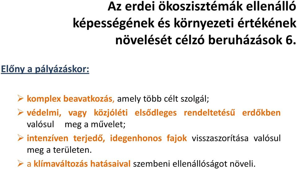 Előny a pályázáskor: komplex beavatkozás, amely több célt szolgál; védelmi, vagy közjóléti