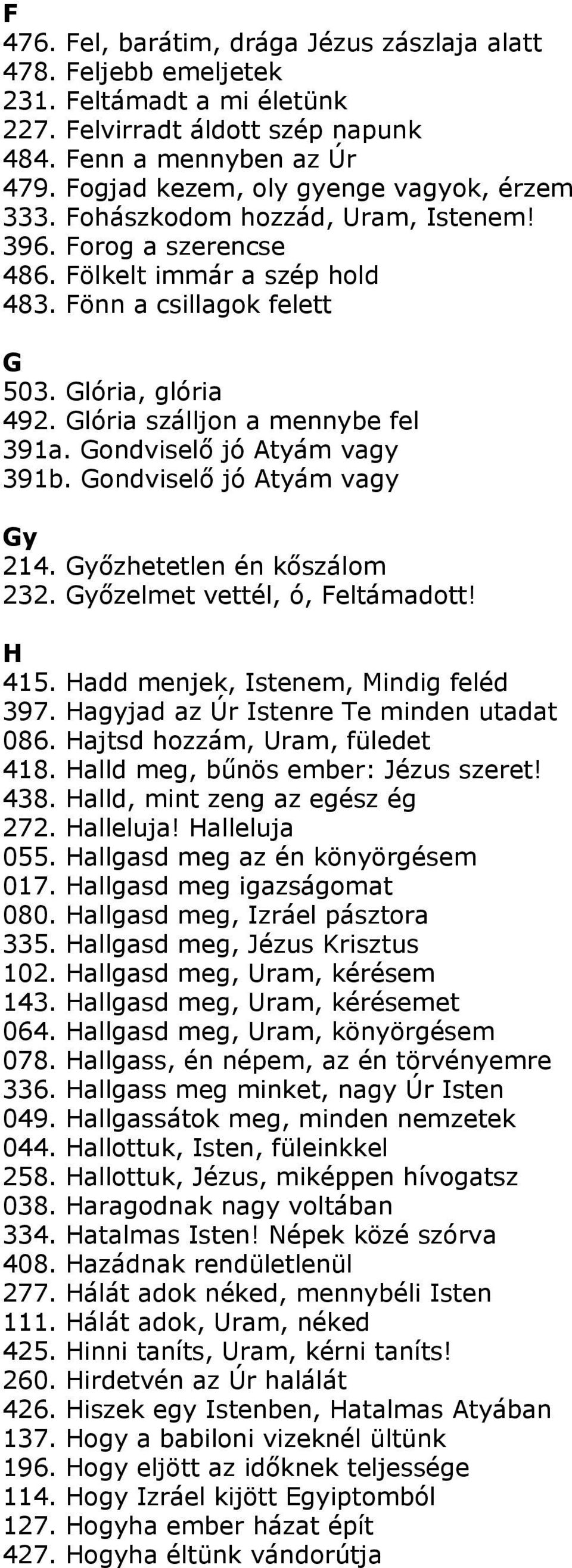 Glória szálljon a mennybe fel 391a. Gondviselő jó Atyám vagy 391b. Gondviselő jó Atyám vagy Gy 214. Győzhetetlen én kőszálom 232. Győzelmet vettél, ó, Feltámadott! H 415.