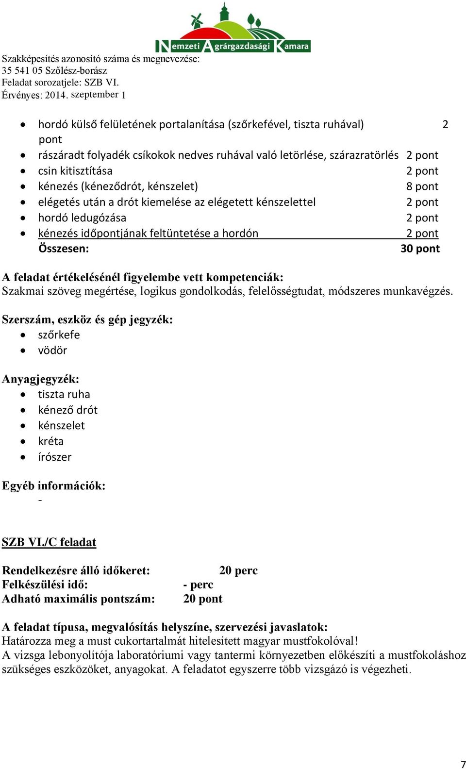 (kéneződrót, kénszelet) 8 pont elégetés után a drót kiemelése az elégetett kénszelettel hordó ledugózása kénezés időpontjának feltüntetése a hordón Összesen: 30 pont A feladat értékelésénél