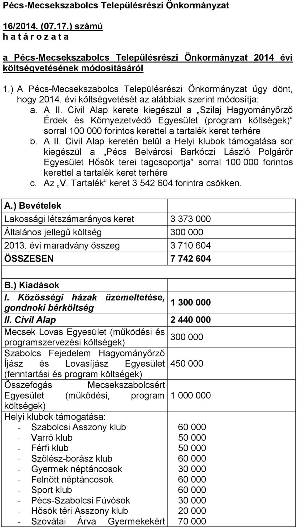 Civil Alap kerete kiegészül a Szilaj Hagyományőrző Érdek és Környezetvédő Egyesület (program költségek) sorral 100 000 forintos kerettel a tartalék keret terhére b. A II.