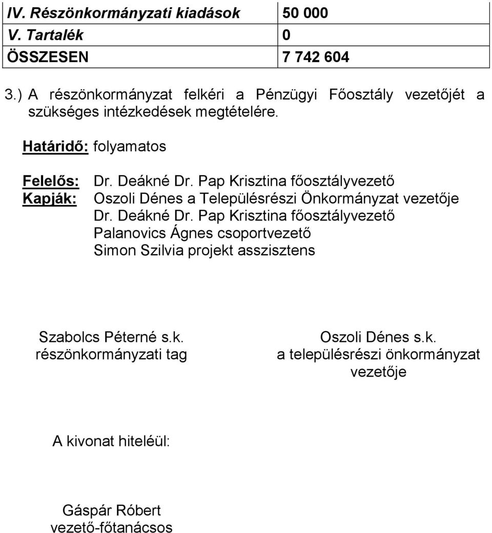 Határidő: folyamatos Felelős: Dr. Deákné Dr.