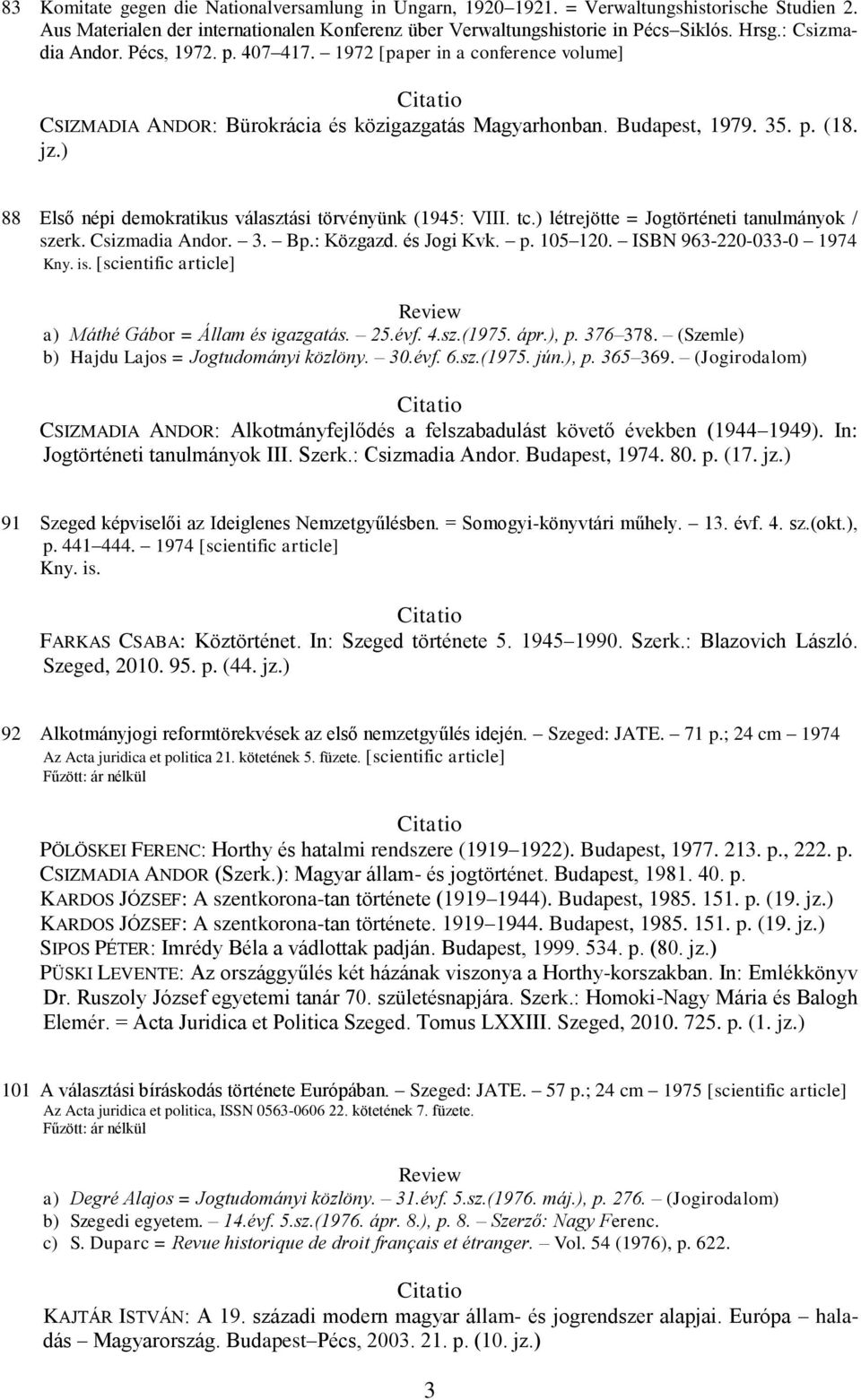 ) 88 Első népi demokratikus választási törvényünk (1945: VIII. tc.) létrejötte = Jogtörténeti tanulmányok / szerk. Csizmadia Andor. 3. Bp.: Közgazd. és Jogi Kvk. p. 105 120.