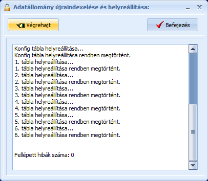 Adatállomány újra indexelése és karbantartása A program saját adatállománya tartható karban az eljárással, logikai stb. hibák esetén. Elérhető: Beállítások Adatállomány karbantartása 4.