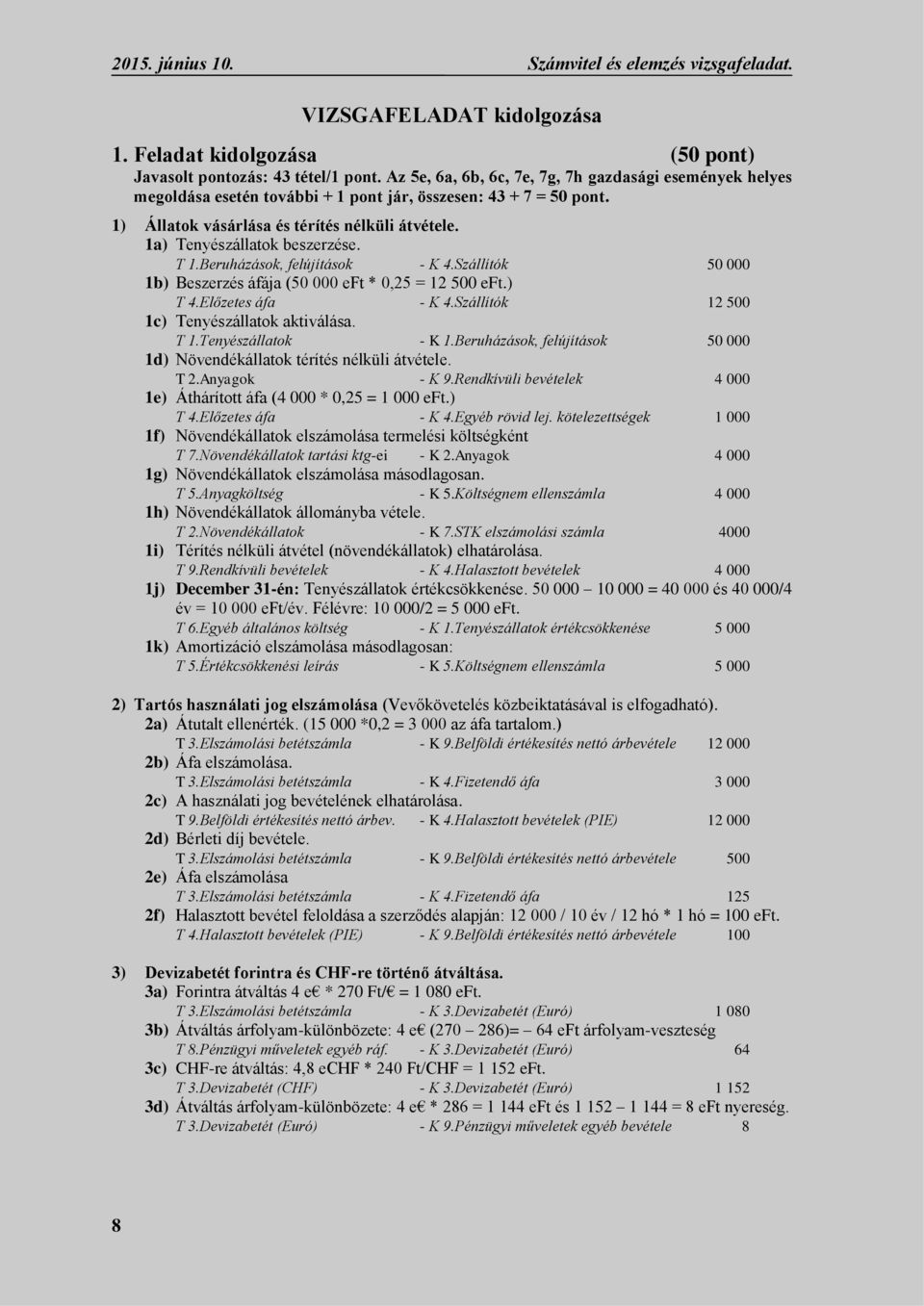 1a) Tenyészállatok beszerzése. T 1.Beruházások, felújítások - K 4.Szállítók 50 000 1b) Beszerzés áfája (50 000 eft * 0,25 = 12 500 eft.) T 4.Előzetes áfa - K 4.