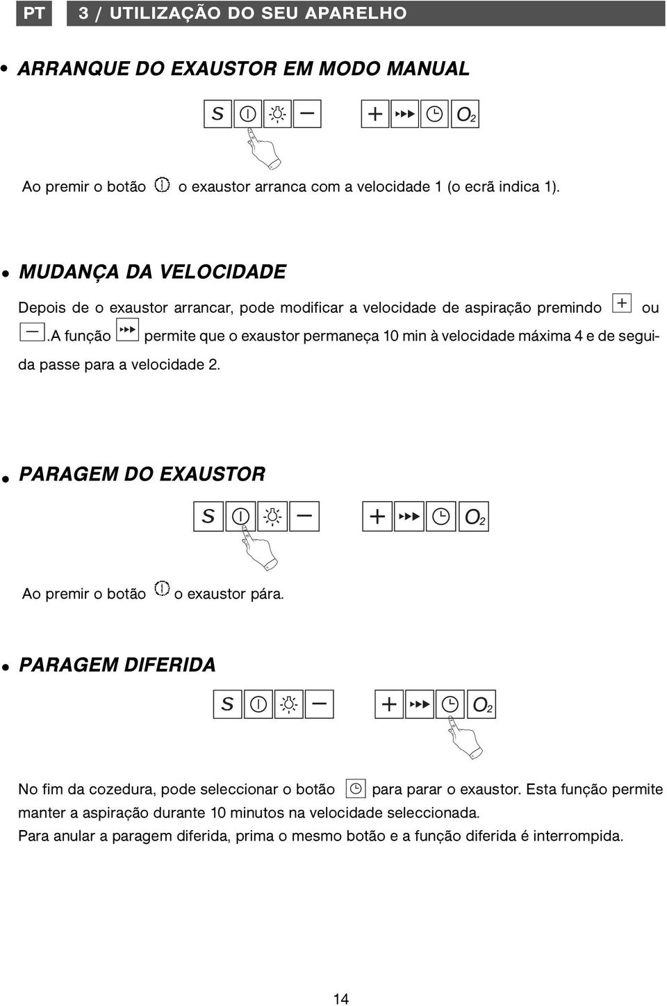 a função permite que o exaustor permaneça 10 min à velocidade máxima 4 e de seguida passe para a velocidade 2. PARAGEM DO EXAUSTOR Ao premir o botão o exaustor pára.