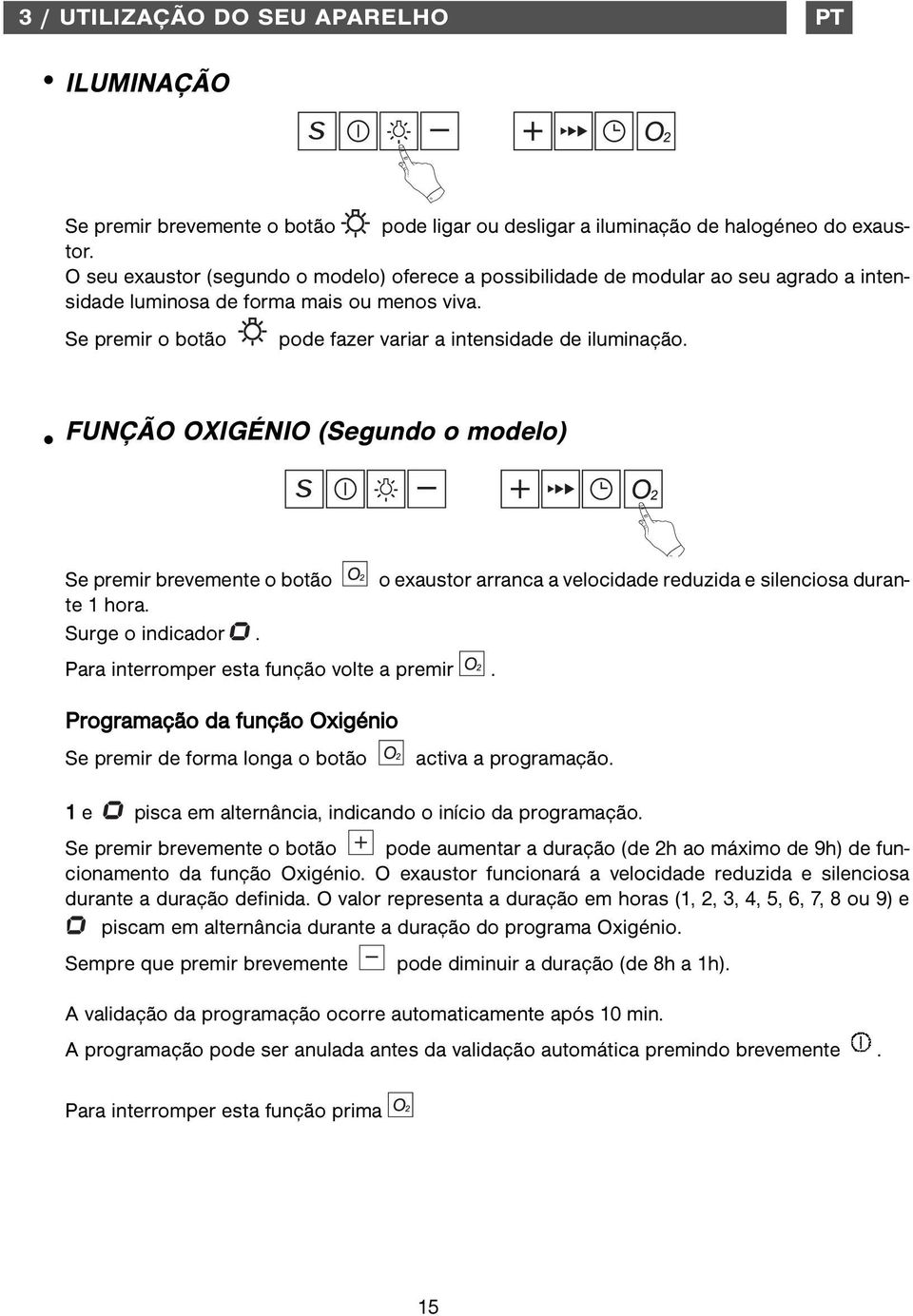 FUNÇÃO OXIGÉNIO (Segundo o modelo) Se premir brevemente o botão o exaustor arranca a velocidade reduzida e silenciosa durante 1 hora. Surge o indicador. Para interromper esta função volte a premir.