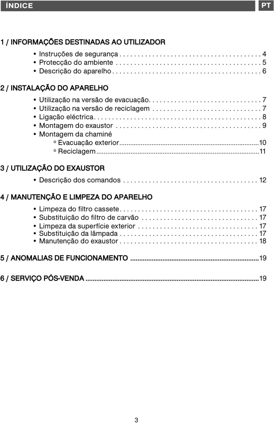 ............................................. 8 Montagem do exaustor........................................ 9 Montagem da chaminé º Evacuação exterior...10 º Reciclagem.