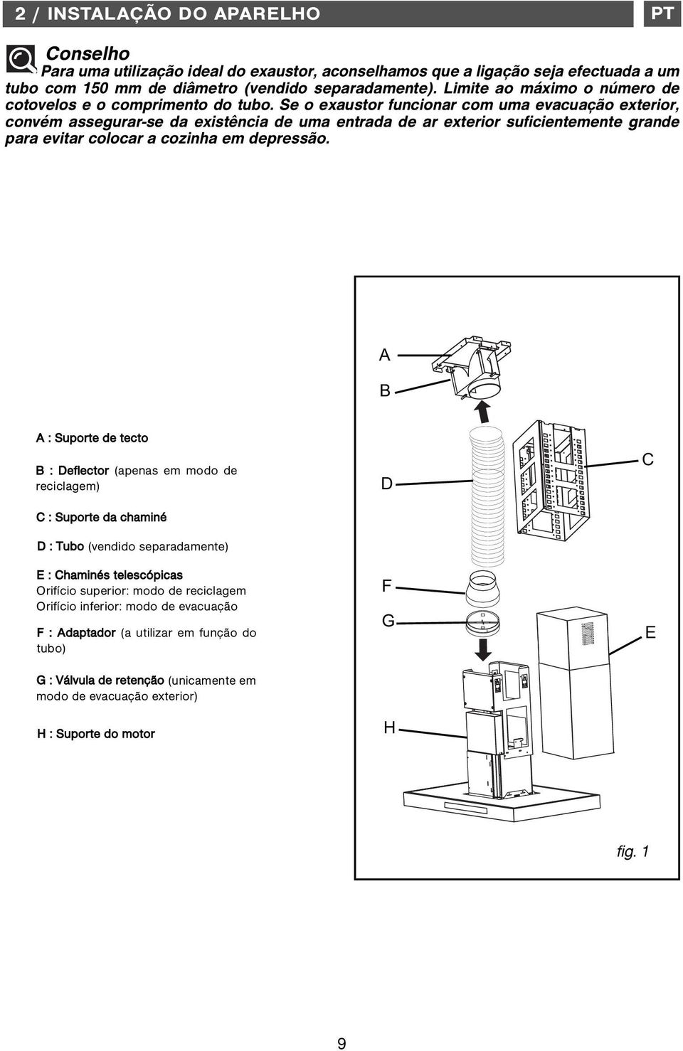 Se o exaustor funcionar com uma evacuação exterior, convém assegurar-se da existência de uma entrada de ar exterior suficientemente grande para evitar colocar a cozinha em depressão.