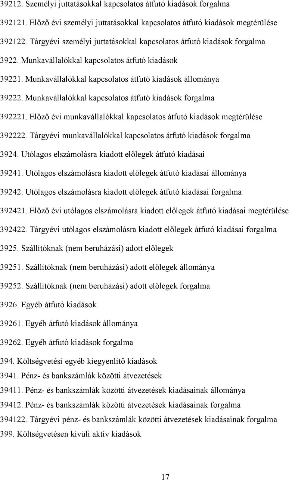 Munkavállalókkal kapcsolatos átfutó kiadások forgalma 392221. Előző évi munkavállalókkal kapcsolatos átfutó kiadások megtérülése 392222.