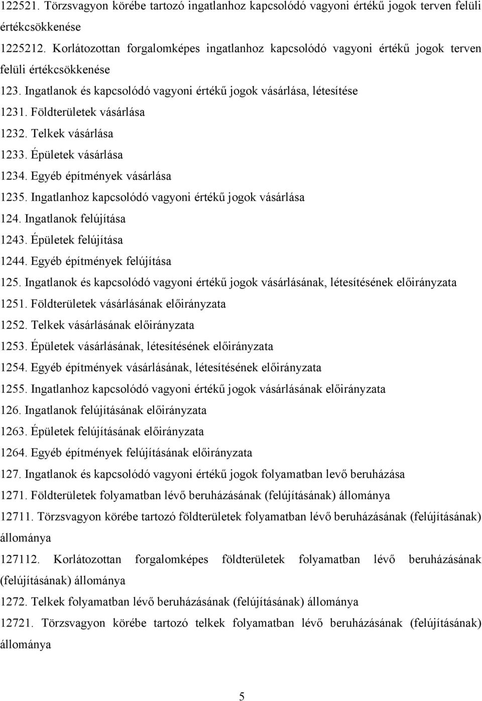 Földterületek vásárlása 1232. Telkek vásárlása 1233. Épületek vásárlása 1234. Egyéb építmények vásárlása 1235. Ingatlanhoz kapcsolódó vagyoni értékű jogok vásárlása 124. Ingatlanok felújítása 1243.