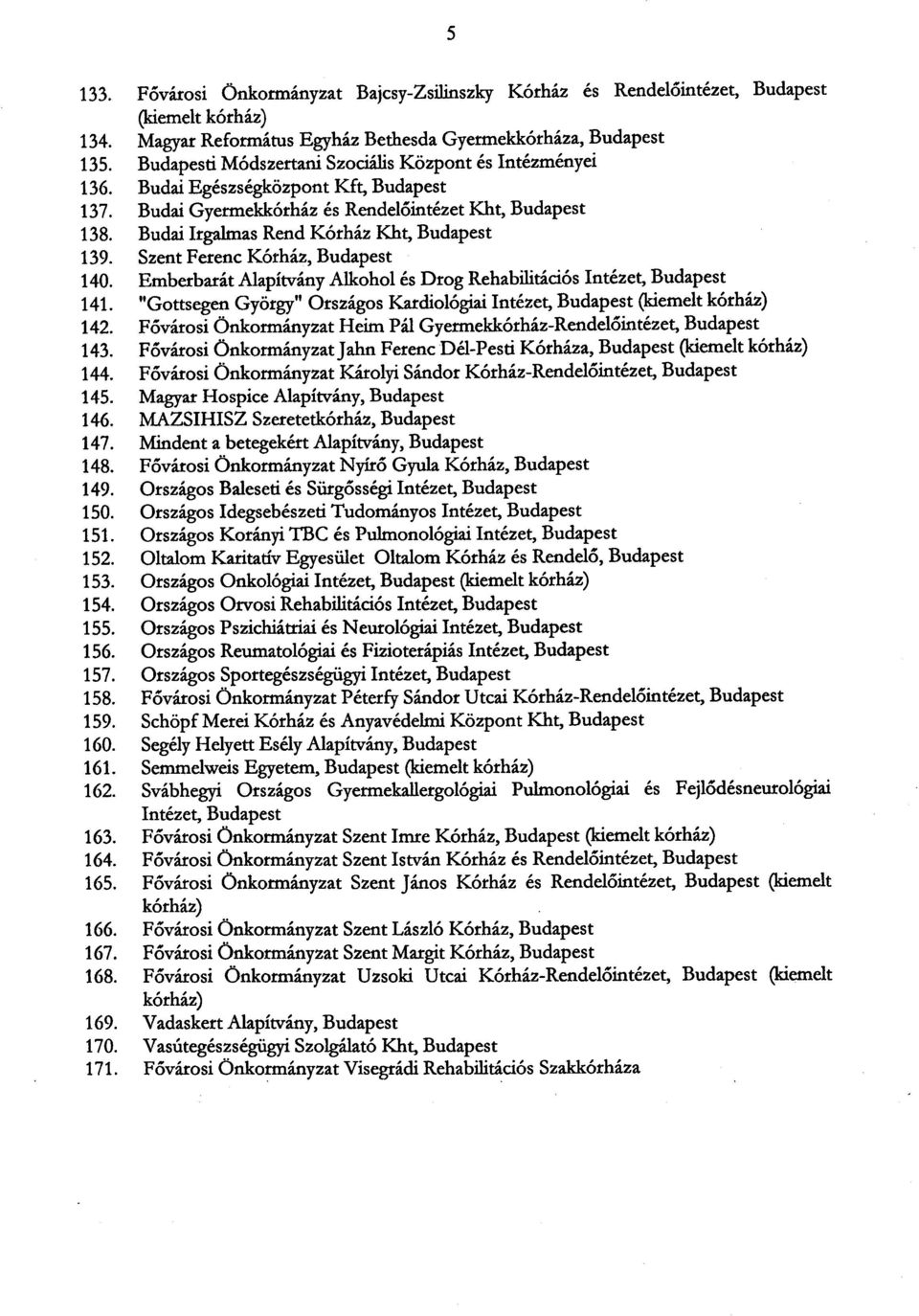 Budai Irgalmas Rend Kórház Kht, Budapest 139. Szent Ferenc Kórház, Budapest 140. Emberbarát Alapítvány Alkohol és Drog Rehabilitációs Intézet, Budapest 141.